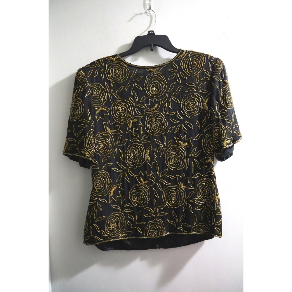 Stenay Vintage Black Silk Gold Beaded Rose Floral Evening‎ Blouse Top Large